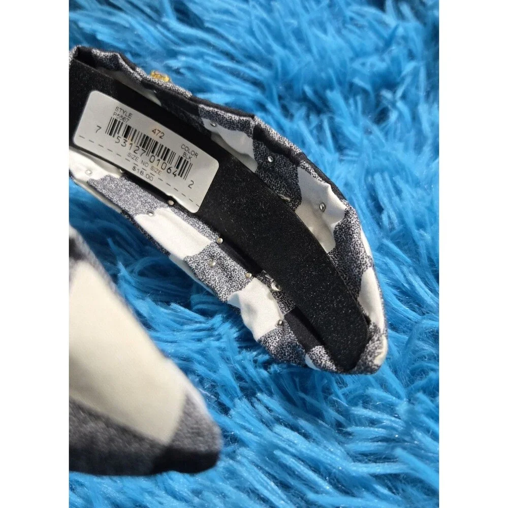 Women’s Black White Gray Plaid Knotted Rhinestone Headband Buffalo Checkered